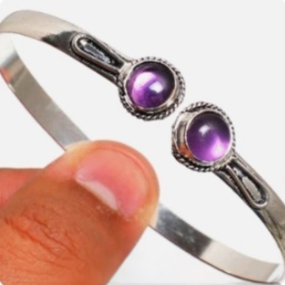 Amethyst Gemstone 925 Sterling Silver Handmade Adjustable Bangle Bracelet - Picture 1 of 3